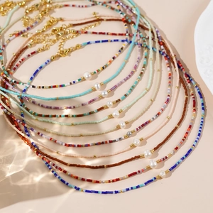 Bohemian Handmade Colorful Seed Bead Necklace With Freshwater Pearl Central Bead Adjustable Alloy For Women Summer
