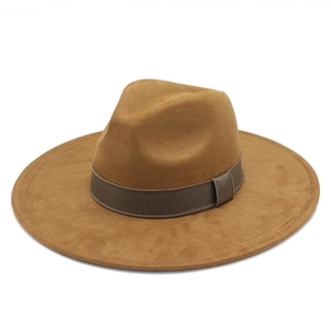 Vintage brown suede wide brim fedora jazz hat with classic ribbon for women and men