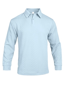Detail of light blue men's polo shirt featuring diamond texture and 100% polyester fabric