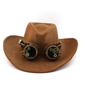 Detail of steampunk brown suede cowboy hat with metallic gear goggles and spikes