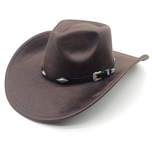 Close-up of black leather band with silver studs and western buckle on brown felt hat