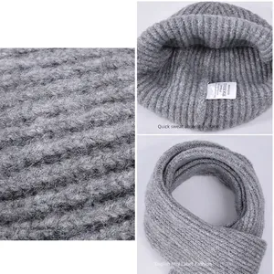 Three-piece winter grey knit hat scarf and gloves set with warm fleece lining