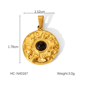 Detailed size view of retro hammered titanium steel pendant with black natural stone