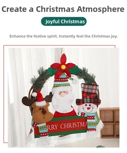Detail of Christmas wreath with Santa, reindeer, and snowman dolls on a rattan ring