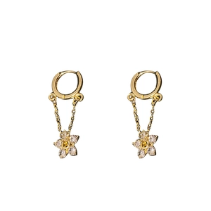 Elegant gold flower tassel earrings with sparkling rhinestones on a white background