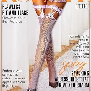 Lilac lace fishnet stockings with ruffle edge, bow decoration and garter belt design