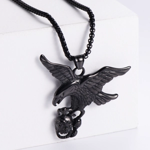 Gothic black eagle clutching skull pendant necklace with sleek metallic finish and chain