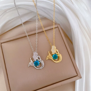 Elegant Mermaid Tail Pendant Necklace Stainless Steel Chain Copper Zircon Inlaid Blue Gemstone Jewelry Women
