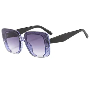Gafas de sol retro de gran tamaño sin montura con lentes degradadas púrpura y brillo