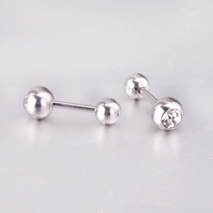 Detail view of silver stainless steel dumbbell stud earrings with clear cubic zirconia