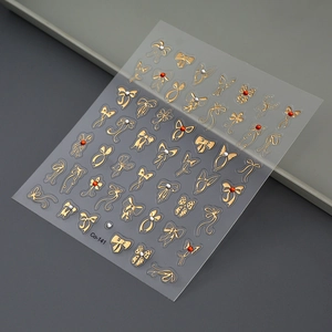 3D gold bow and butterfly nail art stickers with small rhinestones, model Co-141