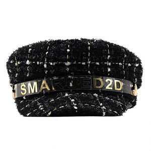 Classic black and gold tweed newsboy cap with SMARUED2D metallic letter ornament
