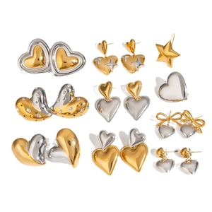 Set of 9 gold and silver stainless steel heart and star earrings with crystals