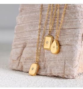 Detailed macro view of 18K gold plated geometric pendants with starburst zircons