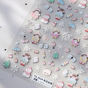5D embossed nail stickers TS-3934 with winter girl motifs and snowman 3D patterns