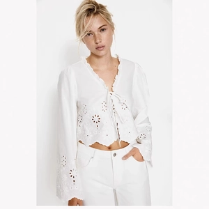 Women Retro Eyelet Embroidery Hollow Out V Neck Ruffle Tie Front Long Sleeve Crop Top Blouse Cottagecore Sweet Shirt