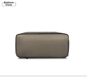 Detail showing the flat rectangular base of the large capacity travel bag bottom view