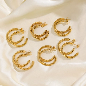 Boucles D'oreilles Créoles Torsadées Acier Inoxydable Plaqué Or Texture Corde Forme C Bijoux Fantaisie Femme