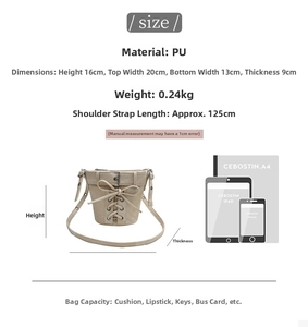 Tableau des tailles détaillé pour sac seau beige en simili cuir avec dimensions et sangle
