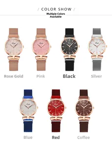Selection of Tadi quartz watches for women with Milanese mesh bands in seven colors