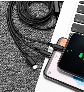 Detail of durable nylon braided 3-in-1 charging cable with reinforced connector ends