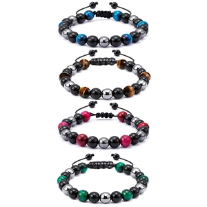 Set of four 8mm natural tiger eye and hematite beaded bracelets with braided ropes