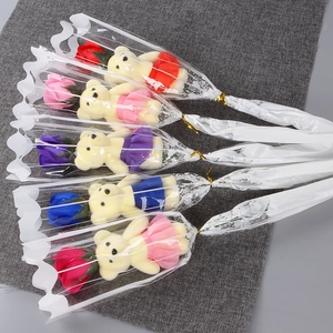 Five creative plush bear soap flower rose bouquets in assorted colors for Valentine gifts