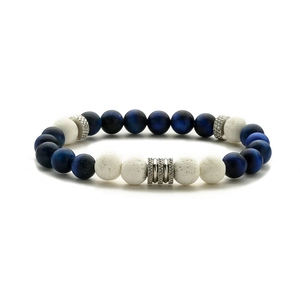 Blue tiger eye and white volcanic stone beaded bracelet with vintage metal spacers