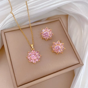 Elegant Flower Pendant Necklace And Earrings Set Stainless Steel Chain Cubic Zirconia Pave Luxury Jewelry For Women