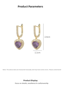 Detail showing dimensions of gold heart earrings with purple zircon stones 2.4cm height