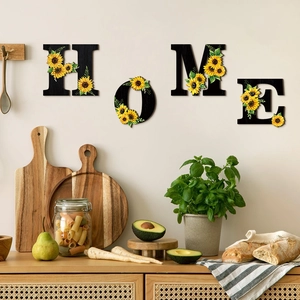 Decoración Pared Letra Home Madera Girasol Floral Estilo Granja Cartel Colgante Negro Para Sala Estar Puerta Dormitorio