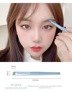 Detail of angled eyebrow brush showing dimensions and application on eye makeup