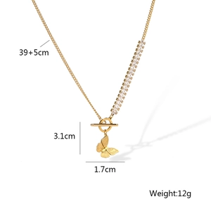Detail of gold butterfly necklace showing 39+5cm length and 3.1x1.7cm pendant size