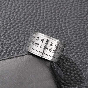 Mens vintage stainless steel spinner ring with engraved numbers on black leather