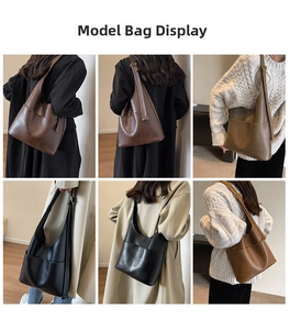 Modellpräsentation von fünf verfügbaren Farben für die große Retro-Leder-Eimertasche