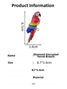 Detailed view of rhinestone parrot brooch with dimensions 8.1x3.4cm and alloy base