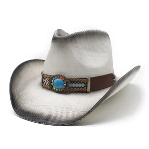 Western straw cowboy hat with turquoise ethnic band and gradient sunshade brim