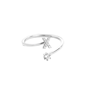 Adjustable S925 silver ring featuring letter X with pavé crystals and a round solitaire diamond