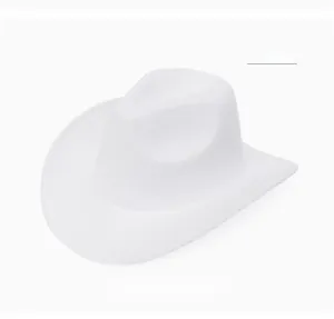 Detailed close-up of a white wide brim wool felt cowboy hat with structured crown design