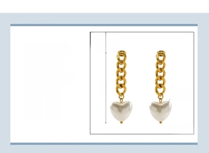 Detailed view of 18K gold plated stainless steel heart pearl chain earrings with dimensions