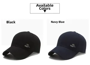 Detail of navy and black baseball caps with brand embroidery and high quality stitching