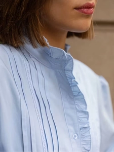 Elegante hellblaue Langarm-Puffbluse mit Stehkragen und plissierten Spitzendetails