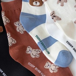 Cute teddy bear cotton mid-calf socks for women featuring preppy style stripes and knit patterns