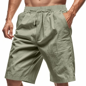 Men's casual linen shorts in light khaki with drawstring elastic waist and side pockets