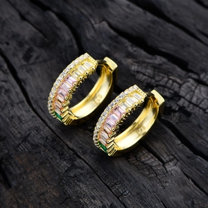 Golden S925 silver hoop earrings with gradient colored baguette cubic zirconia stones