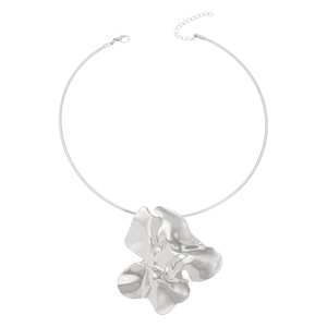 Detail of silver irregular flower pendant on rigid metal choker with white background