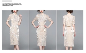 Detail of sequin bodice and waist fringe pendants on a white modern qipao set