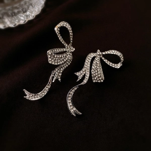 Détail des boucles d'oreilles nœud argentées avec strass étincelants sur velours