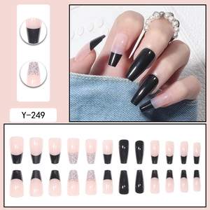 French black long coffin false nails with pink base and tweed patterns 24pc set