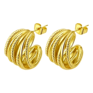 Polished multilayer gold C-hoop earrings with beaded textures and 18K stainless steel finish
